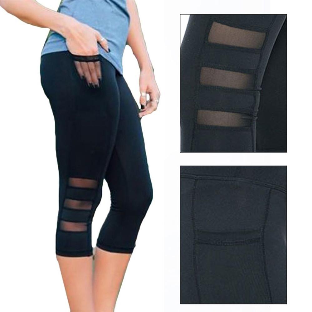 High Waist Slim Leggings With Mesh Patchwork, Pocket