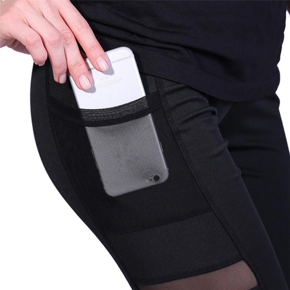 High Waist Slim Leggings With Mesh Patchwork, Pocket