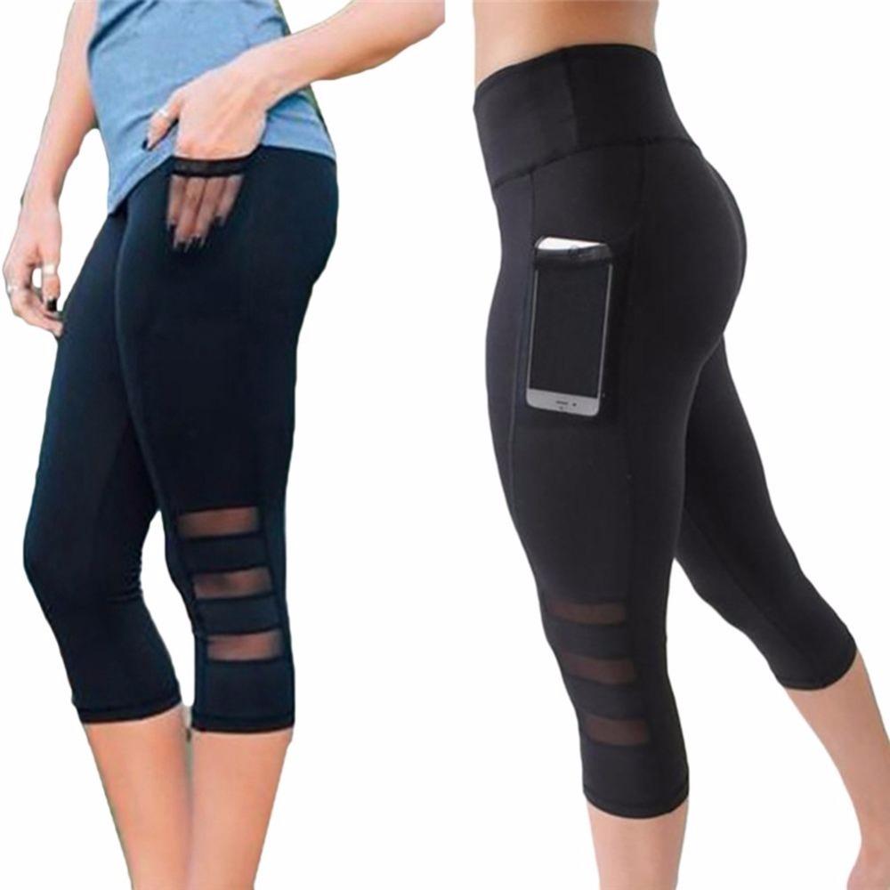 High Waist Slim Leggings With Mesh Patchwork, Pocket