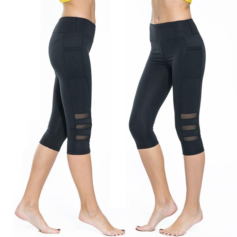 High Waist Slim Leggings With Mesh Patchwork, Pocket
