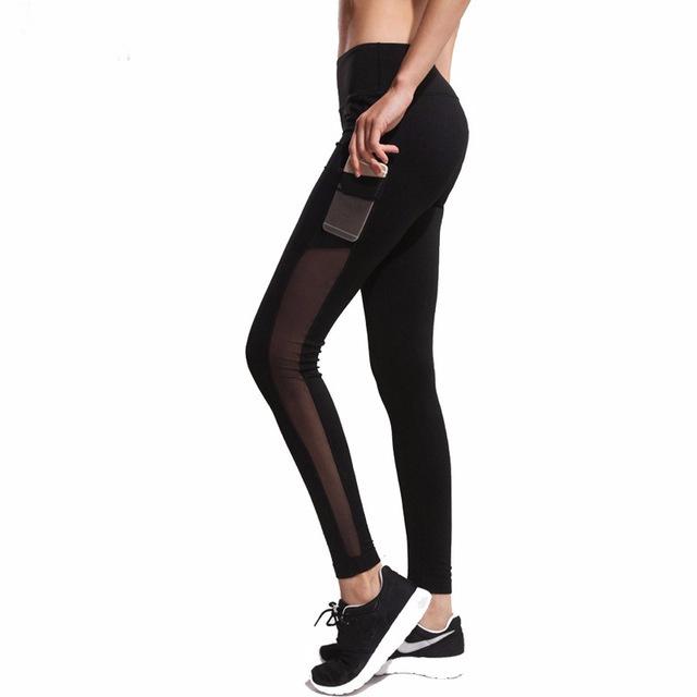 High Waist Slim Leggings With Mesh Patchwork, Pocket