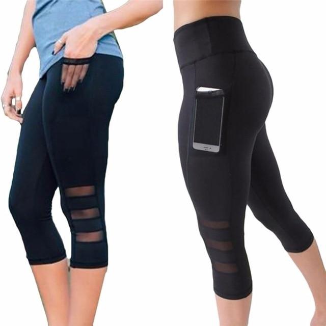 High Waist Slim Leggings With Mesh Patchwork, Pocket